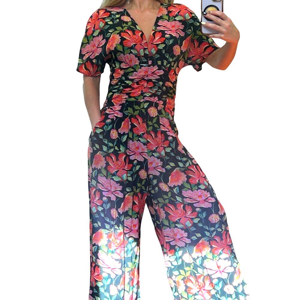 & Other Stories Tropical Floral Ruched Pleated Wide Leg Jumpsuit 4 S